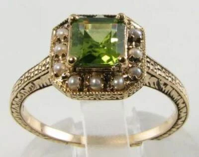 LUSH 9CT 9K GOLD PERIDOT & PEARL HALO ART DECO INS RING FREE RESIZE - Image 1 of 4
