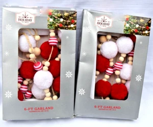 Lot of 2 Holiday Christmas Garland Wood Beads Pompoms 6ft Each - Picture 1 of 7