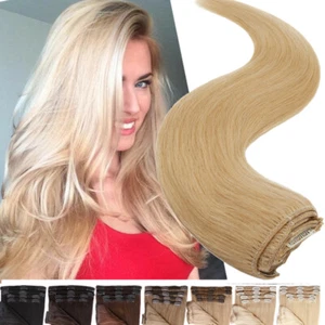 THICK Double Weft Clip In Real Human Remy Hair Extensions Full Head 20 22 24 Inc - Picture 1 of 47