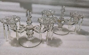 Pair Of Vintage Candle Holder Set w Bobeches Cups w Crystal Prisms - Picture 1 of 14