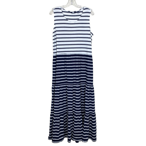 OFF WHITE Maxi abito donna Lands End L blu navy bianco sporco righe a strati spiaggia nautica preppy
