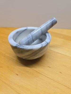 Mortar And Pestle Marble Footed White Gray Natural Stone Set Crush 4 1/2" - Image 1 of 4