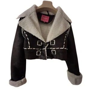 Portobello Punk Brown Suede & White Faux Fur Biker Jacket - Size 10 - Picture 1 of 2
