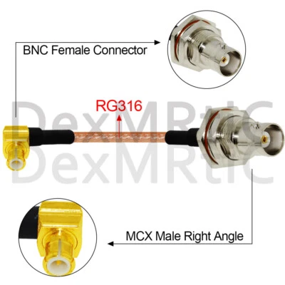 cable BNC female bulkhead jack to MCX male plug right angle RG316 6" 15cm adapte - Image 1 of 4