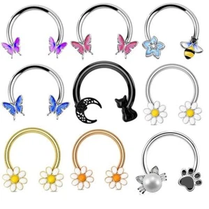 Horse Shoe Piercing Circular Barbell Nose Ring Hoop Septum Ear Tragus Butterfly - Picture 1 of 31