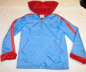 VTG KMART JACKET FAUX FUR LINING LINED ZIP HOOD RED BLUE 70's WOMENS S MENS XS - Picture 1 of 18