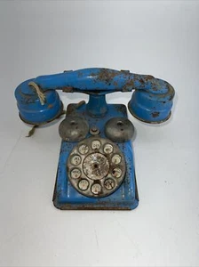 Vintage 1940's-1950's Blue Tin Toy Telephone Voice Phone Gong Bell Rustic Prop - Picture 1 of 12