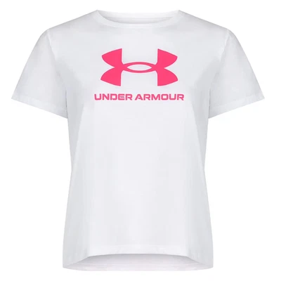 NEW Under Armour Girls Big Logo Short Sleeve White Tshirt Youth XL - Pink Logo - Image 1 of 4