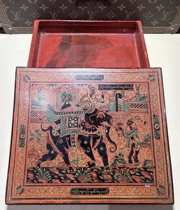 Antique Burmese/ Myanmar Decorated Lacquer Box 200mm x 234mm x 73mm - Picture 1 of 8