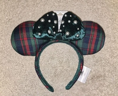 Cerchietto Orecchio Disney Parks 2025 Natale Topolino e Minnie Plaid Perline Nuovo - Immagine 1 di 2