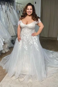 Abiti da sposa taglie forti eleganti bianchi avorio maniche pizzo abiti da sposa - Foto 1 di 3