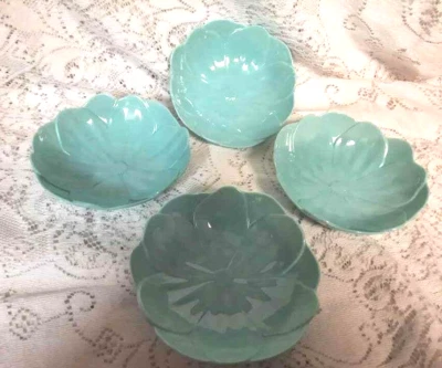CYNTHIA ROWLEY MELAMINE FLOWER BOWLS TEAL GREEN SET OF 4 HTF SNACK FRUIT - Image 1 of 3