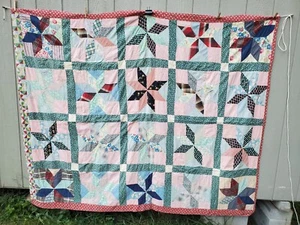 Antique Star Quilt Applique Patchwork Feedsack Large Vintage Handmade 68" x 81" - Picture 1 of 22