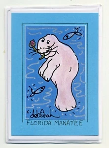 FLORIDA MANATEE Picture in a Magnet / Mixed-Media ACEO Folk Art DUGONG Print - Picture 1 of 1