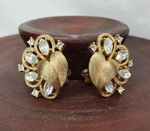 Vintage Krone Trifari Ohrringe gebürstet goldfarben Navette Strass signiert - Bild 1 von 12