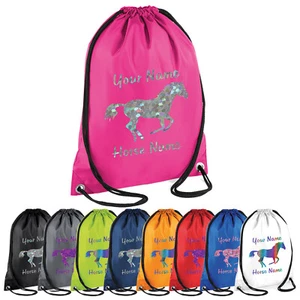 Horse Drawstring Bag Personalised Printed Sparkle Gym Bag Text School PE - Picture 1 of 21
