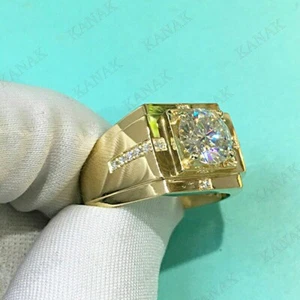 Men's Solid Wedding Ring 2.0Ct Round Simulated Diamond in 14k Yellow Gold Finish - Picture 1 of 5