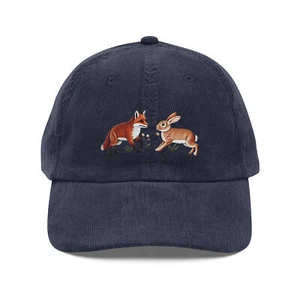 Bestickte Fuchs und Kaninchen Vintage Cord Mütze stilvoll Natur-inspiriert - Bild 1 von 14