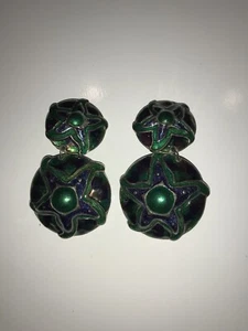 Vintage Edgar Berebi Ohrringe zum Aufklemmen rund hängender Stern grün lila Emaille - Bild 1 von 8