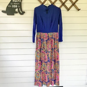 Vintage Bright Colorful paisley maxi Dress NEW size 18 Deadstock 60s 70s Modest - Picture 1 of 8