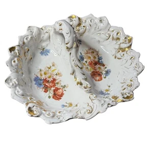 Vintage Floral Trinket Candy Dish Bon Bon Bowl Gold Trim Handle Serving Decor - Picture 1 of 8
