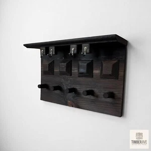 Appendiabiti da parete rustico in legno bruciato 41 x 26 cm - 4 ganci chiave, 5 pioli appendiabiti e ripiano 11 cm - Foto 1 di 20