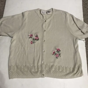 Kathie Lee Sweater Ladies Size 22W Beige Pink Embroidery Short Sleeves 2251 - Picture 1 of 7