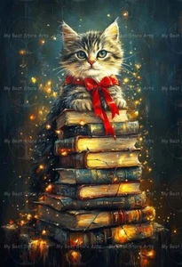 CHRISTMAS KITTEN BOOK STACK TREE ART PRINT Library Holiday Cat Decor Poster E490 - Picture 1 of 2