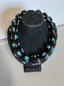 Turquoise Nuggets Silver Settings Chunky Black Beaded Necklace - Picture 1 of 8
