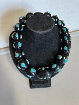 Turquoise Nuggets Silver Settings Chunky Black Beaded Necklace - Image 1 of 4