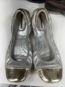 Prada Ballet Flats 39.5 Sport Travel Foldable Roll Up Silver And Gold Name Logo - Picture 1 of 24