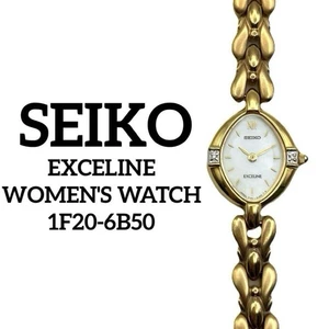 Seiko Exceline Analog Quartz Watch 1F20-6B50 Gold White Shell Dial 2P Diamonds - Picture 1 of 6