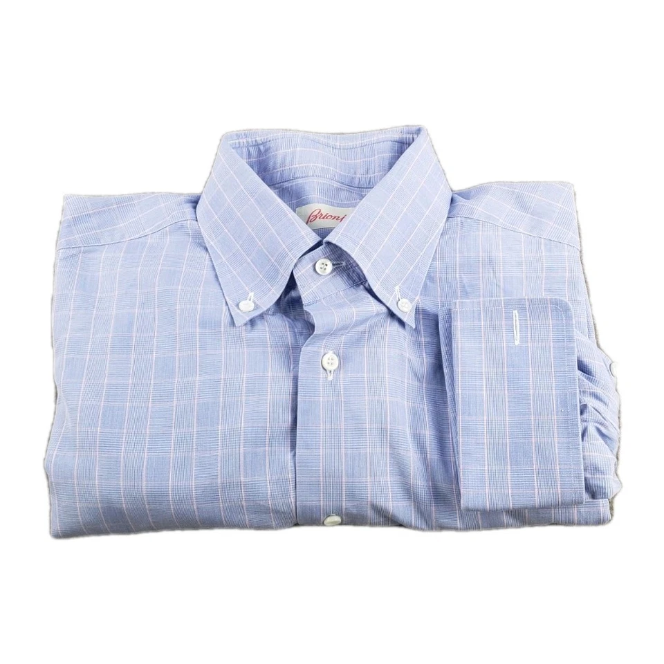 Camisa de vestir Brioni para hombre talla 17/43 azul a cuadros algodón manga larga hecha en Italia Foto 1 de 4