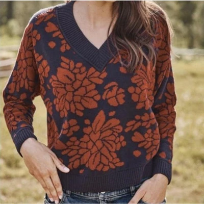 Garnet Hill Everly Jacquard Sweater Floral V Neck Cotton Alpaca Oversized Size S Foto 1 de 4