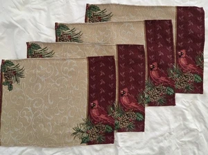 4 Cardinal Pine Branch Placemats 13 x 18 inch Holiday Christmas Burgundy & Tan - Picture 1 of 7