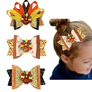 Thanksgiving Turkey Hair Bow Clips Toddler Girls Kids Glitter Large Ribbon Ha... - Picture 1 of 5