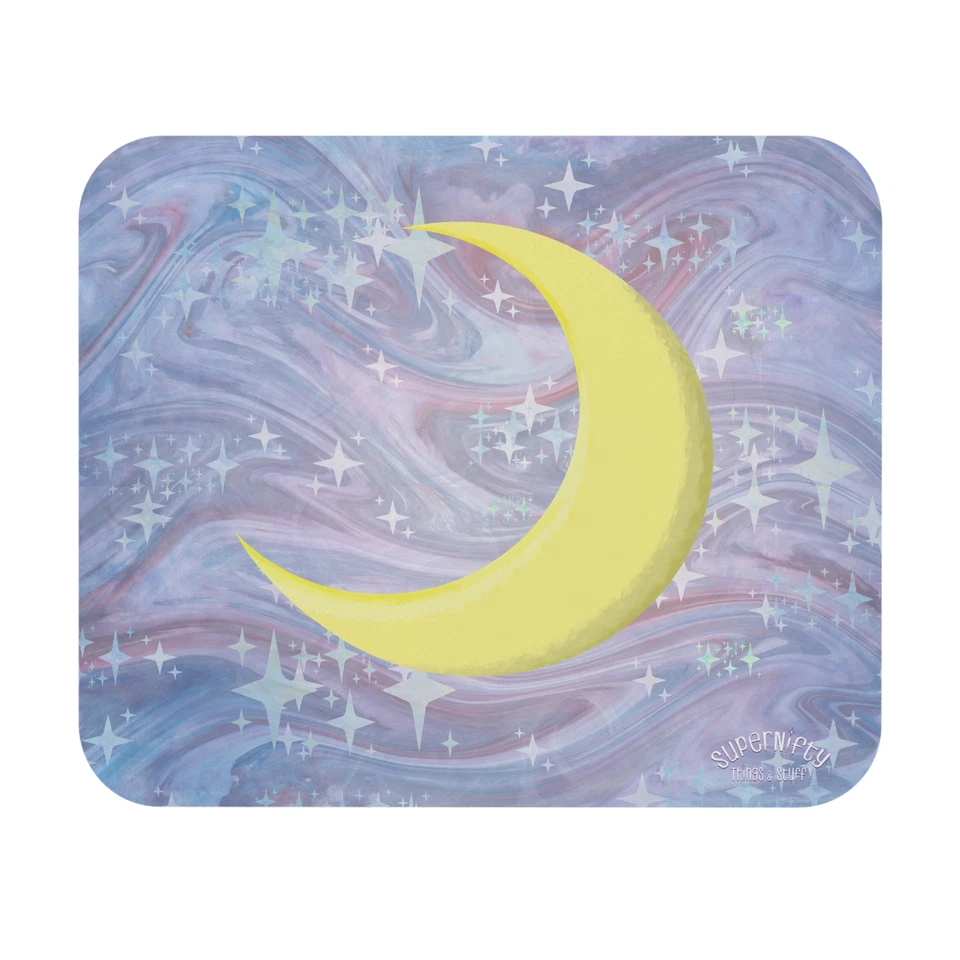Computer Mouse Pad- Blue & Purple Watercolor swirls and Stars; Crescent Moon  - Image 1 of 1