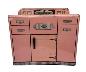Pink 50s Wolverine MidCentury Vintage Tin Toy Kitchen Sink Appliance Play Set - Picture 1 of 18