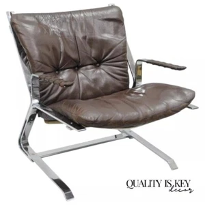 Elsa & Nordahl Solheim for Rykkin Pirate Brown Leather & Chrome Lounge Chair - Picture 1 of 10
