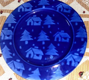 Starbucks Ciao Italya Large Serving Plate Winter Deep Blue Trees &Houses 14”Dia. - Picture 1 of 5