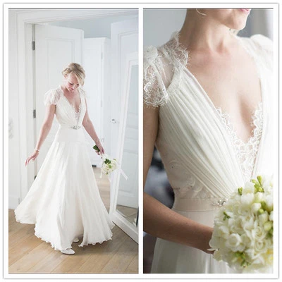 Cap Sleeve Lace Boho Wedding Dress Chiffon Elegant Bridal Gown 4 6 8 10 12 14 16 - Image 1 of 4