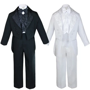 Boy White Black Paisley Vest Suit Tuxedo Bow Tail Party Wedding Christening - Picture 1 of 2