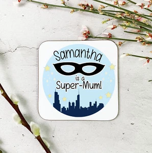 Personalised Blue Super-Mum Wooden Drinks Coaster Mat Mother's Day Gift - Picture 1 of 8
