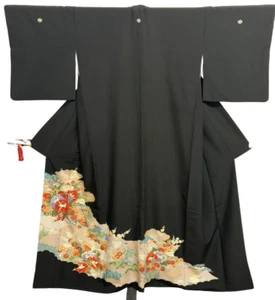 Kimono Tomesode japonés vintage poliéster flor negra escudo familiar altura 63 pulgadas - Imagen 1 de 24