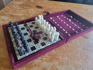 VINTAGE Egyptian ? Inlaid Chess board Carved Pieces - Picture 1 of 22