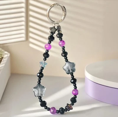 Bolso de teléfono púrpura negro estrellas cristal brillo cuentas encanto cadena correa muñeca Foto 1 de 4