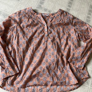J Jill Peach Floral Print Long Sleeve Button Tunic Large Collarless Pleated back - Picture 1 of 5