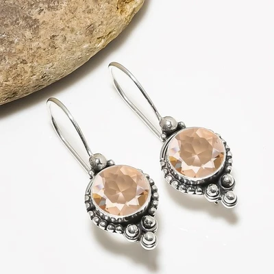 Morganite Gemstone Solid 925 Sterling Silver Drop Dangle Handamde Earring V6892 - Image 1 of 4
