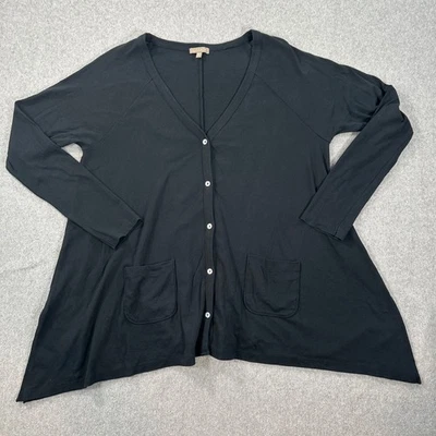 Lilla P Button Front Cardigan Tunic Top Women XL Black Cotton Long Sleeve Pocket - Image 1 of 4