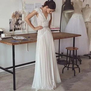 Boho A-Line Wedding Dresses V-Neck Sleeveless Lace Appliques Beach Bridal Gowns - Picture 1 of 8